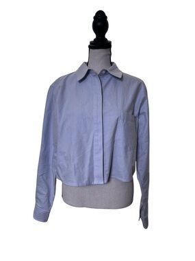GOOD AMERICAN Cropped Button Down Shirt Oxford Cotton Blue Size S